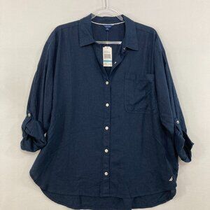 New Nautica Women's size XL Navy Linen Blend Rolled Sleeve Preppy Button Down